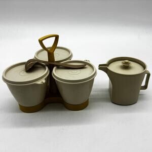 Vtg Tupperware Condiment Harvest Gold Caddy 757-9 Almond Creamer 1414-2 Spoon